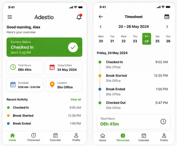 Adestio app home screen showing checked-in status and the weekly timesheet view