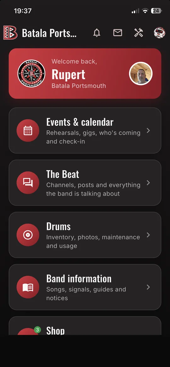 Batala home screen with events, The Beat channels, drums, and band information