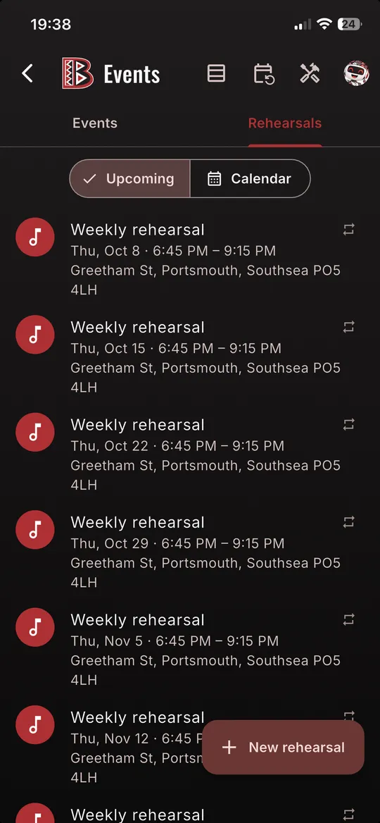 Weekly rehearsal schedule
