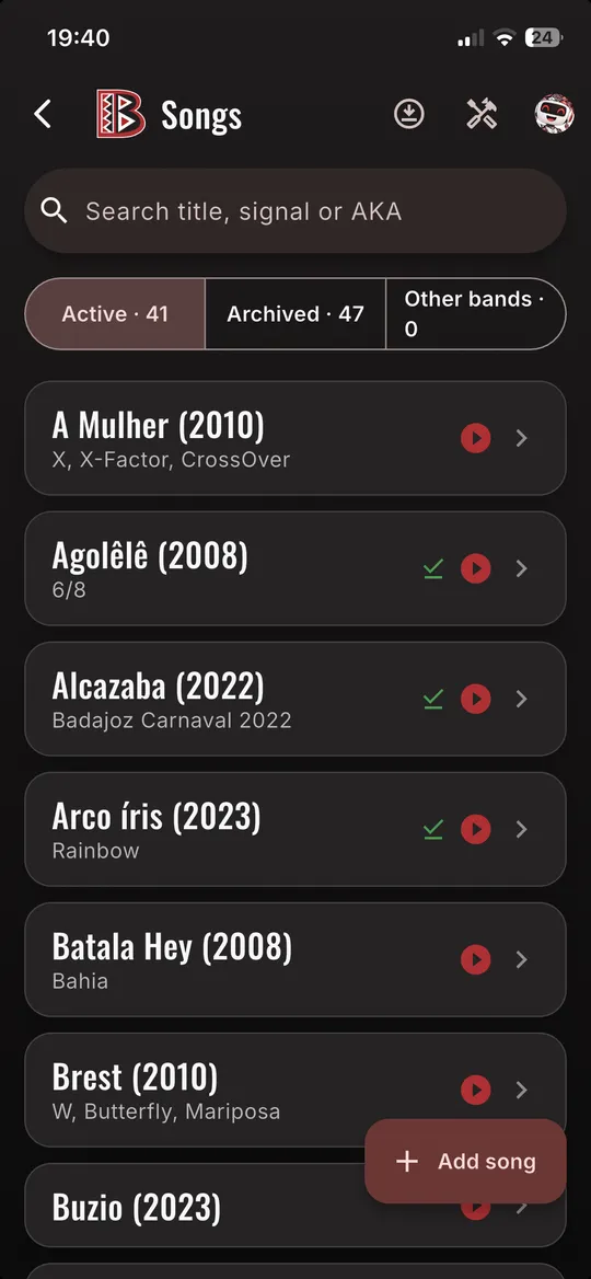 Batala songs library with toques, years, and offline download status
