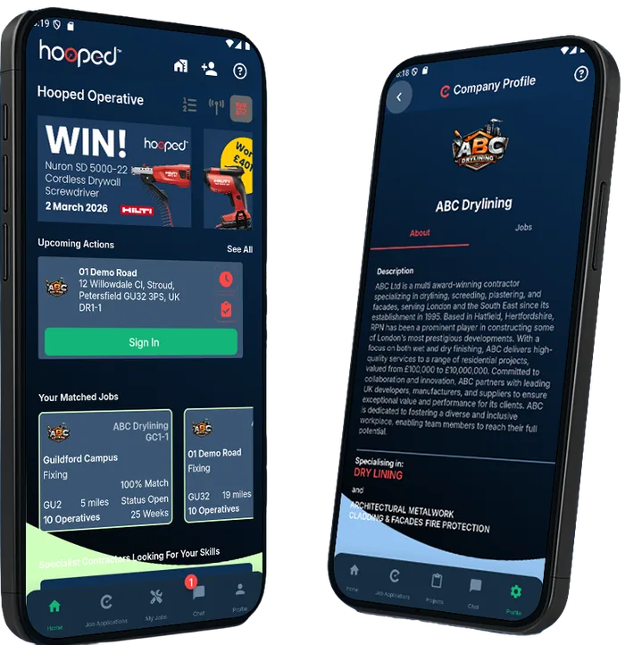 Hooped mobile app showing operative sign-in, upcoming actions, and a contractor company profile